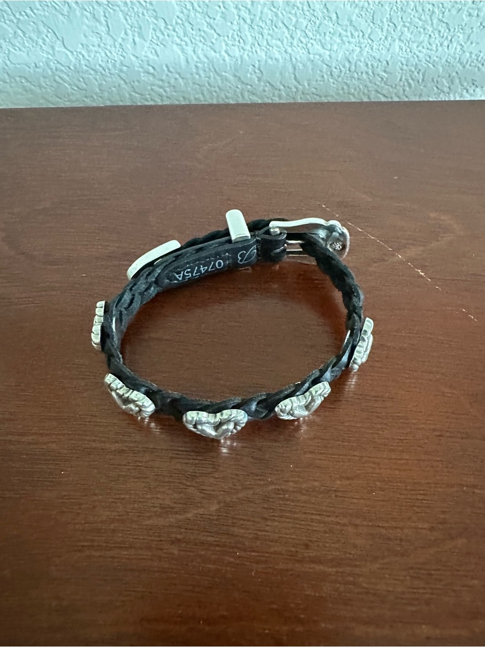 Brighton Black Braided Leather Bracelet with Silver Heart Charms